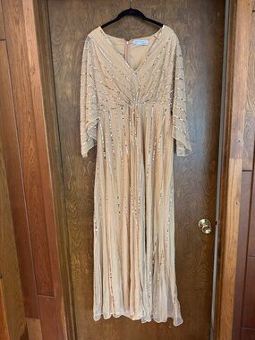 Mac Duggal Champagne Beaded Maxi Dress